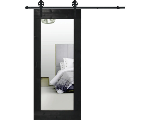 BARNDOOR Vintage met spiegel zwart met spaak rail en grepen 95x215 cm Schuifdeur met zwart frame en rails voor een slaapkamer