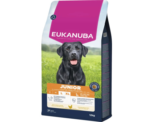Eukanuba Junior droog hondenvoer voor grote rassen vanaf 14 maanden met verse kip, 12 kilogram