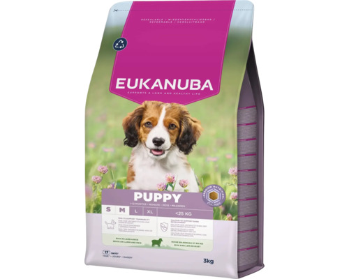 EUKANUBA Hondenvoer Pup Junior S/M lam & rijst 3 kg Eukanuba Puppy droogvoer voor honden tot 25 kilogram met lam en rijst in een zak van 3 kilogram