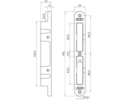 Technische tekening van een deurslot met afmetingen