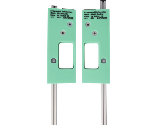 Twee freesmal scharnieren, één links en één rechts, elk 89x89 millimeter groot, ring 24, beitel 18