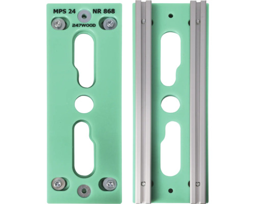 Op de afbeelding staan twee groene beslagstukken voor houtbewerking met schroeven en gaten.