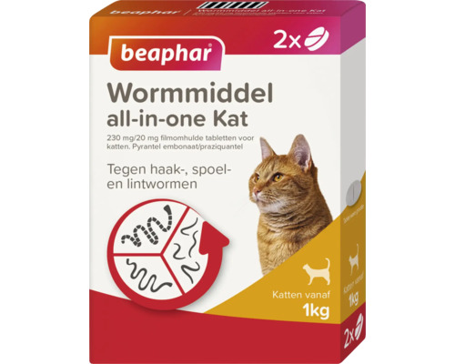 BEAPHAR Ontwormingsmiddel kat All in One 2 st Beaphar Wormmiddel All-in-one Kat voor katten vanaf één kilogram