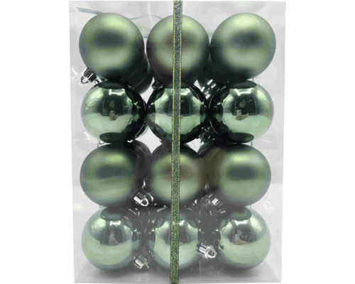 Verpakking met groene kunststof kerstballen