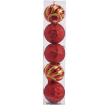 Verpakking met rode kerstballen met verschillende ontwerpen