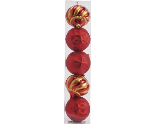 Verpakking met rode kerstballen met verschillende ontwerpen