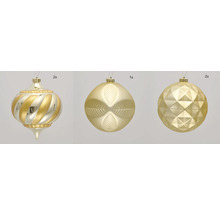 Kerstballenset, bestaande uit twee ui-ornamenten, één bal met bladmotief en twee ballen met geometrisch patroon