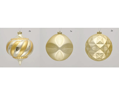 Kerstballenset, bestaande uit twee ui-ornamenten, één bal met bladmotief en twee ballen met geometrisch patroon