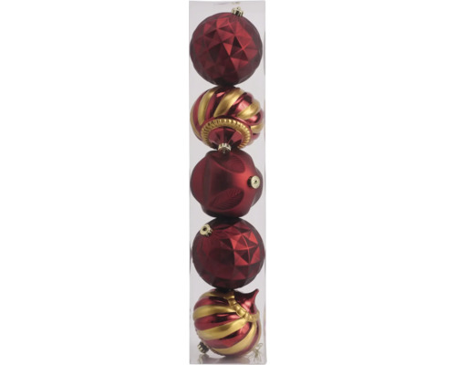Set van vijf rode en gouden kerstballen in een transparante koker