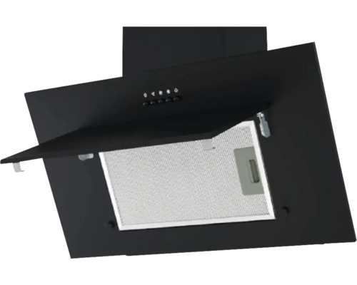 Zwarte afzuigkap met open klep en bedieningsknoppen