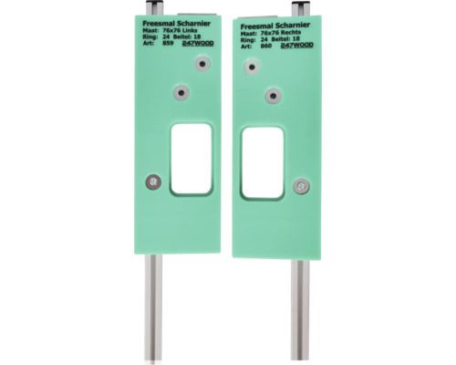 Twee freesmal scharnieren met afmetingen 76 bij 76 millimeter, een voor de linker en een voor de rechterkant