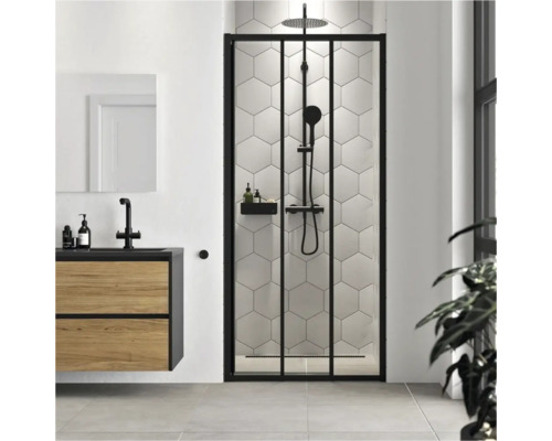 Moderne badkamer met douchecabine, wastafelonderkast en spiegel