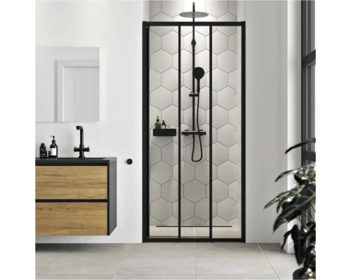 Moderne badkamer met douchecabine, wastafelonderkast en spiegel