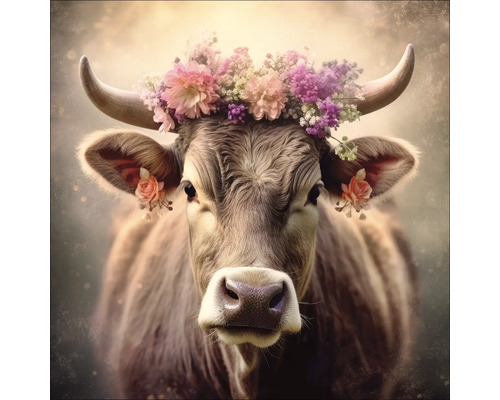 Portret van een koe met een bloemenkrans op haar hoofd