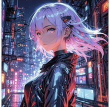 Animefiguur met kort kapsel voor een stadsgezicht