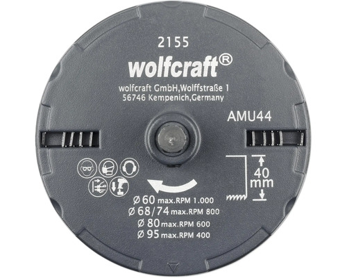 Wolfcraft Logo schijf met technische gegevens en veiligheidsinstructies