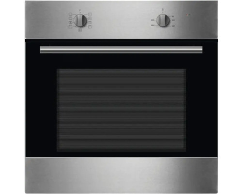 Roestvrijstalen inbouwoven met bedieningsknoppen en glazen voorkant