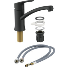 Keukenkraan in zwart met montagemateriaal en aansluitslangen