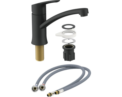 Keukenkraan in zwart met montagemateriaal en aansluitslangen