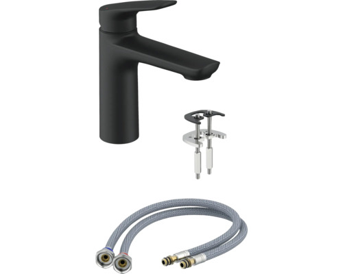 Zwarte wastafelmengkraan met montagetoebehoren en aansluitslangen