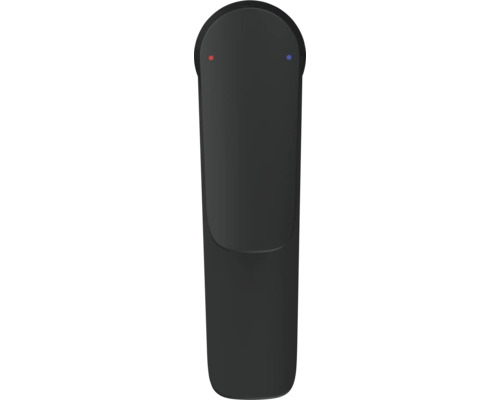 Zwarte wastafelkraan met aanduidingen voor warm en koud