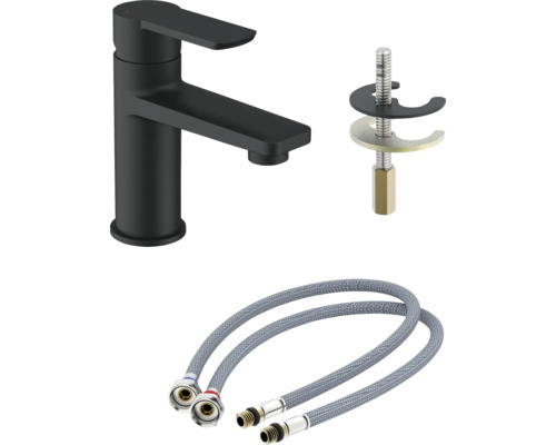 Wastafelkraan in matte uitvoering met bevestigingsmateriaal en flexibele aansluitslangen