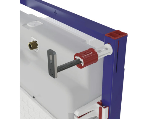 Detail van een inbouwreservoir voor een toilet met bevestigingsmateriaal