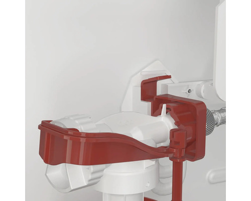 Gedetailleerd beeld van een toiletspoeling met rode beugel