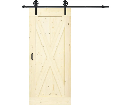 BARNDOOR X-Brace vintage onbehandeld compleet met spaak rail en grepen 95x215 cm Houten schuifdeur met X-motief en zwarte rail