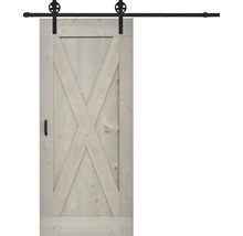 Houten schuifdeur met X-patroon en zwarte rail