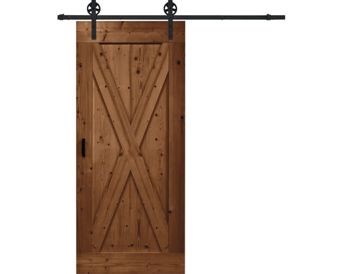 BARNDOOR X-Brace vintage bruin compleet met spaak rail en grepen 95x215 cm Houten schuifdeur met X-vormig ontwerp en beslagset