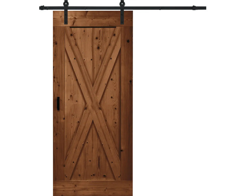 BARNDOOR X-Brace vintage bruin compleet met basic rail en grepen 95x215 cm Houten schuifdeur met X-patroon en schuifdeurbeslag