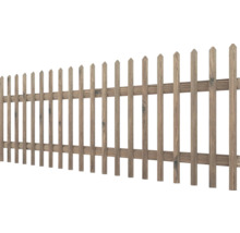 Houten hek met puntige latten en twee dwarsbalken