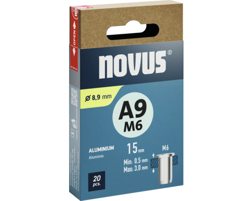 Novus A9 M6 blindklinknagels van aluminium, 8,9 millimeter diameter, 15 millimeter lengte, 20 stuks