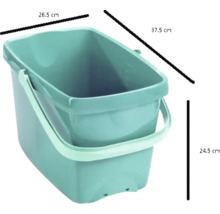 Rechthoekige schoonmaakemmer met handvat en afmetingen.