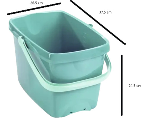 Rechthoekige schoonmaakemmer met handvat en afmetingen.