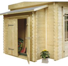 Houten tuinhuis met open dubbele deur en gereedschap