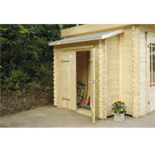 Houten tuinkast met open deur en tuingereedschap