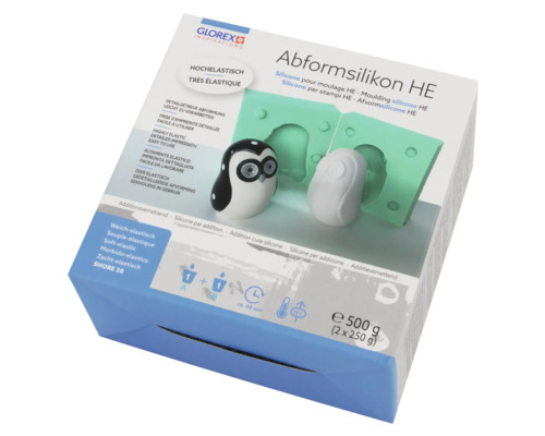 Glorex Abformsilikon HE verpakking met siliconen mal en gevormd figuur