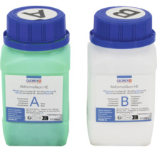 Twee flessen Abformsilikon HE van Glorex, component A en component B, elk 250 gram