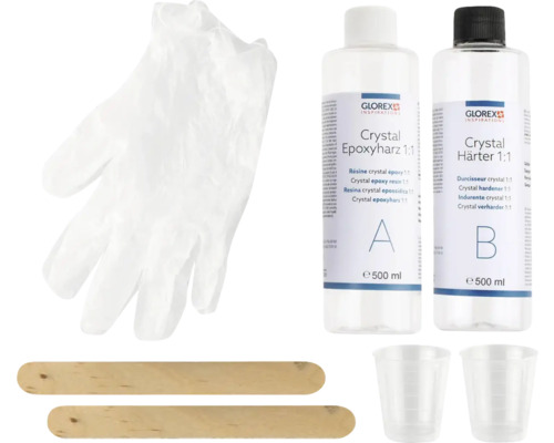 Glorex Crystal epoxyhars set met handschoen, roerstaafjes en maatbekers
