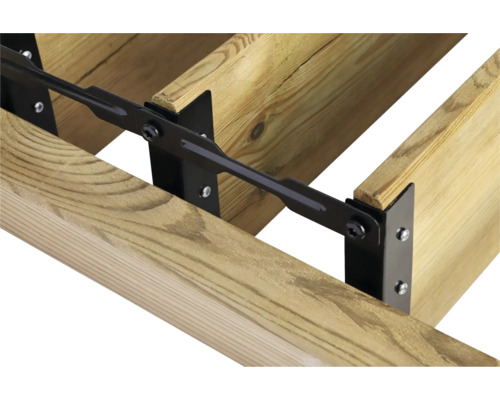 Houten constructie met zwarte verbindingsstuk voor terrasbouw