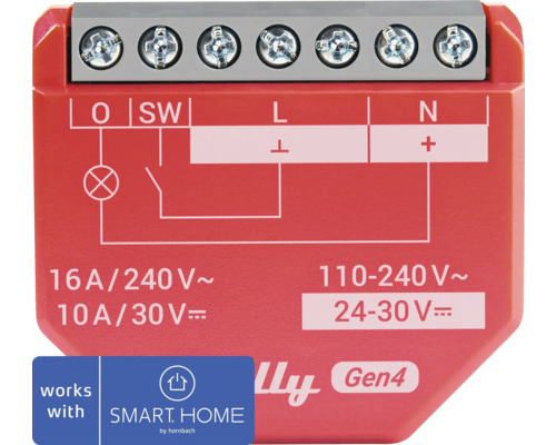 Shelly 1 schakelactor met schakelschema en Smart Home by Hornbach logo