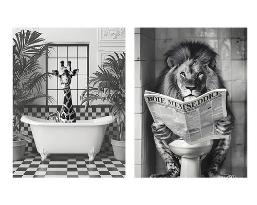Wanddecoratie met giraffe in bad en leeuw op toilet, zwart-wit afbeelding
