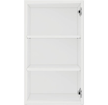 Binnenaanzicht van een witte badkamerkast met twee planken en beslag