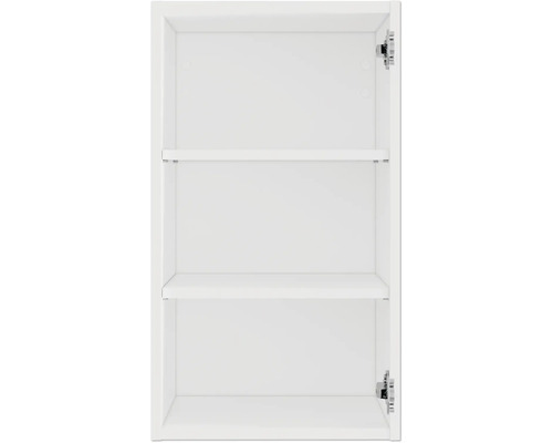 Binnenaanzicht van een witte badkamerkast met twee planken en beslag