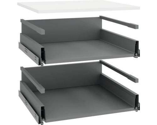 Twee grijze lade-inzetstukken met uittrekrails en een wit tafelblad.