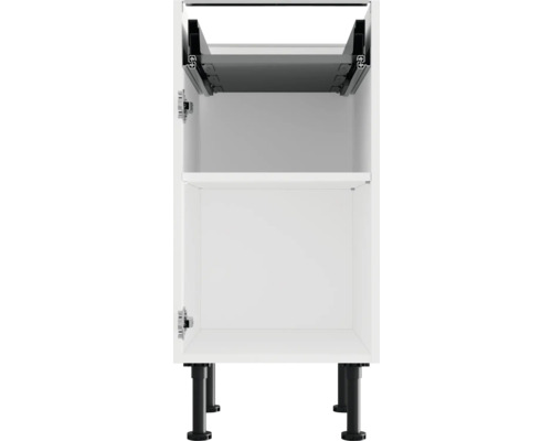 Witte onderkast met twee open vakken en zwarte poten