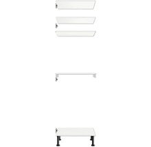 Witte wastafelonderkast met vier laden en zwarte poten.