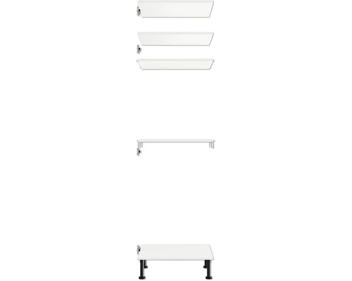 Witte wastafelonderkast met vier laden en zwarte poten.